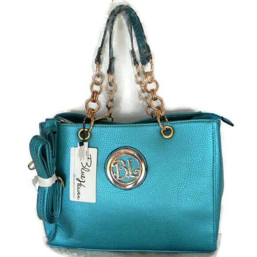 Metallic Gold Emblem Shoulder Bag/ Aqua Handbag